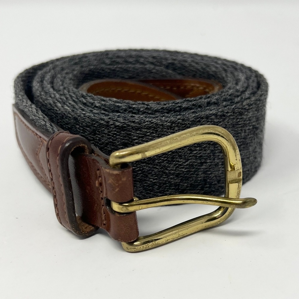 Brooks Brothers Mens 44 Charcoal Grey Wool Blend Belt Brown Leather Trim Brass